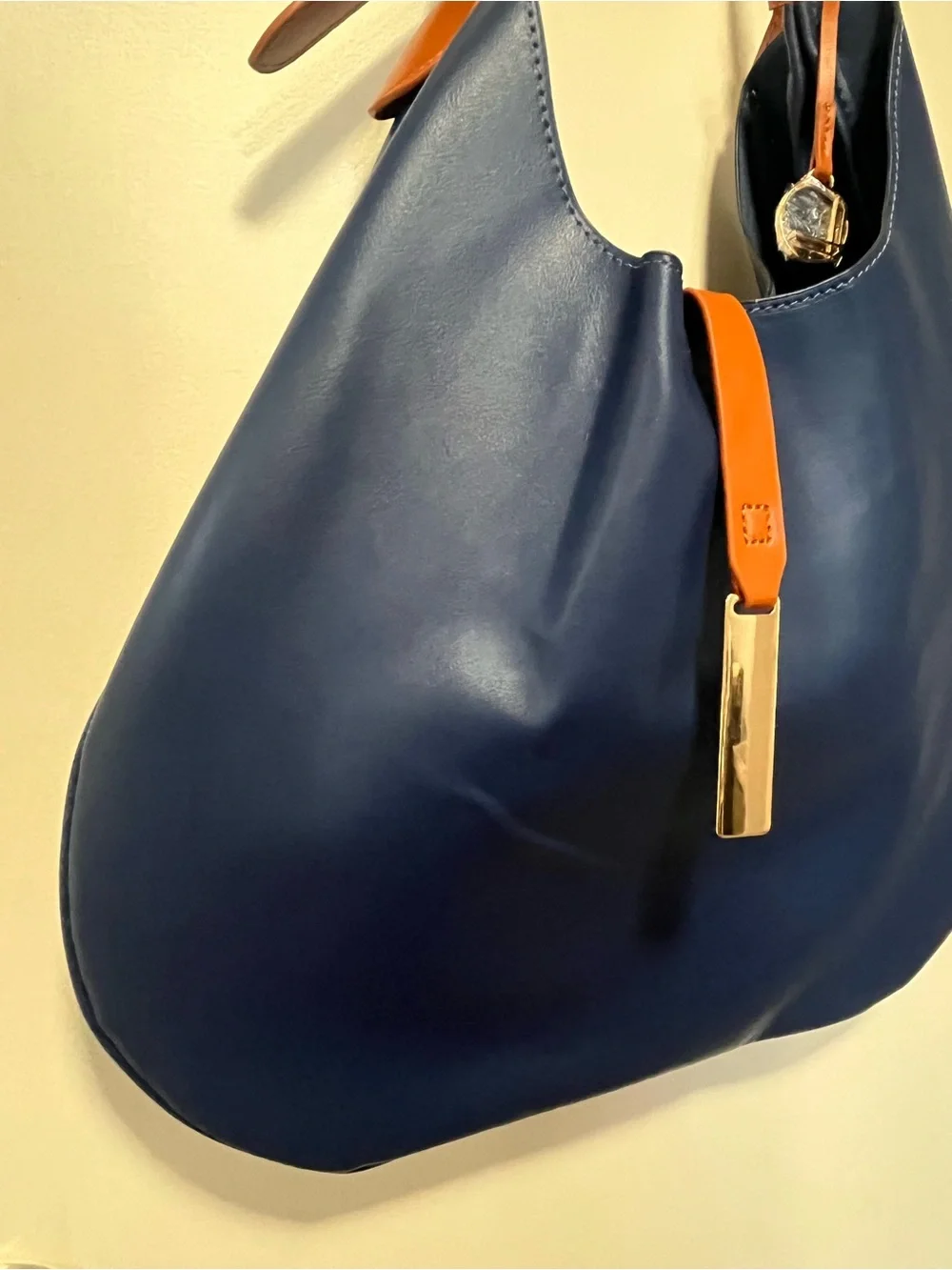 Loulu Navy Blue & Tan Hobo Shoulder Bag Slouchy Purse